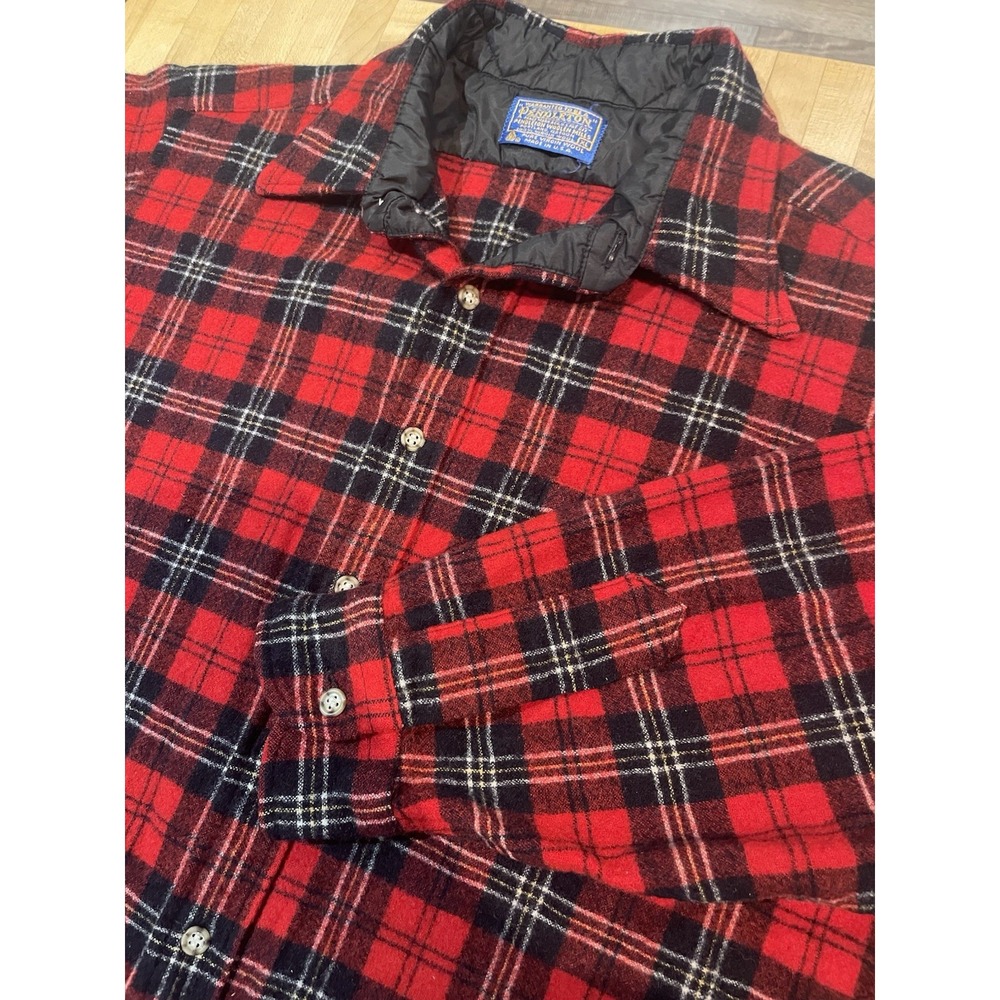 Vintage Pendleton Red & Black Tartan Virgin Wool Button Down Shirt Made USA Read